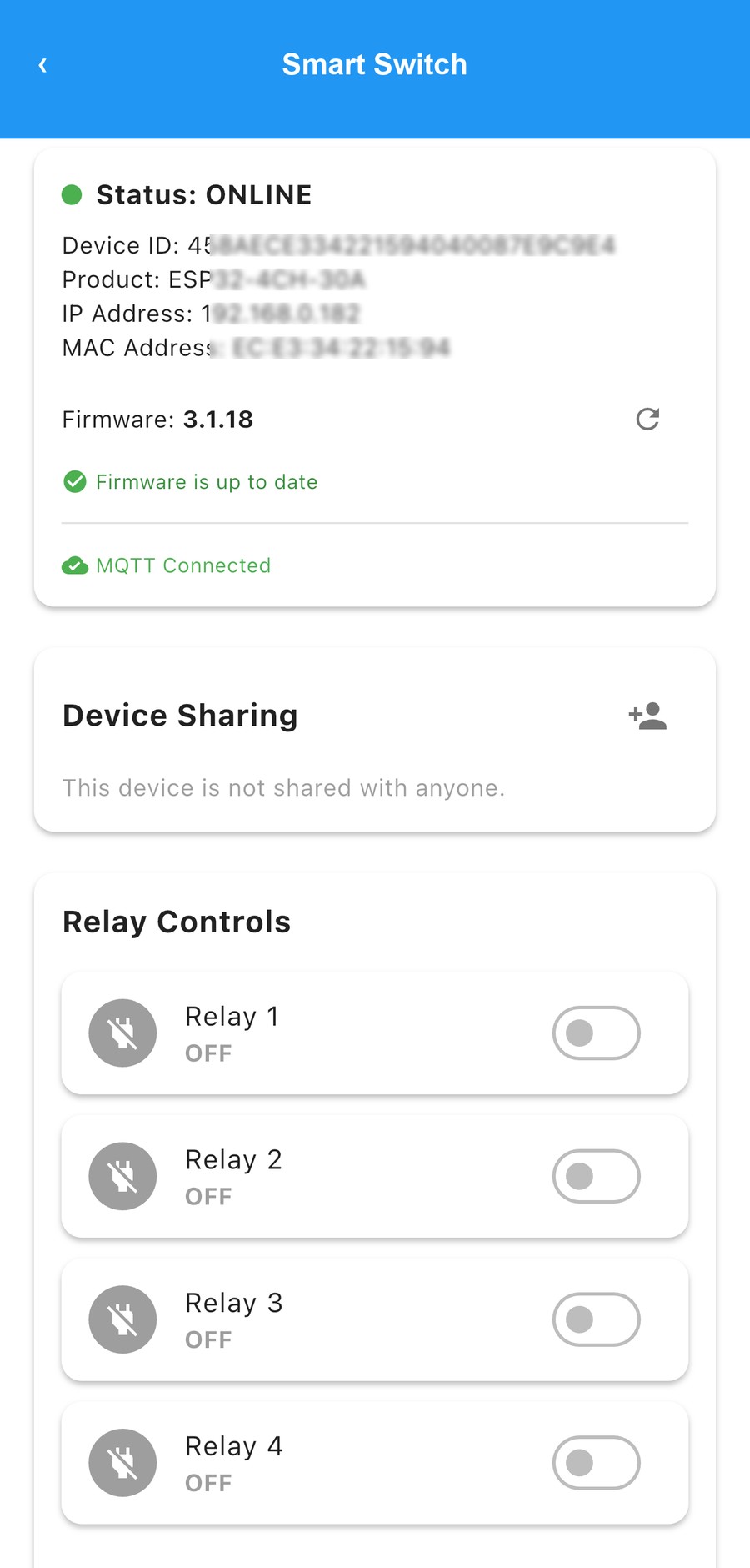 Altmind IoT mobile app — device status, sharing, and relay controls