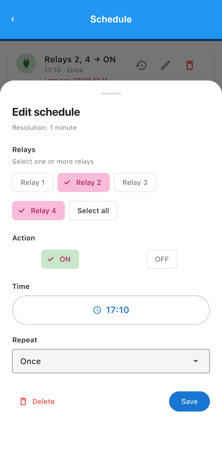 Altmind IoT mobile app — edit schedule for relays